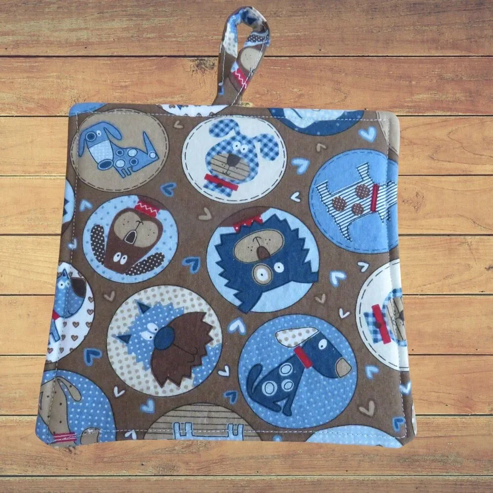 Handmade Potholder, Brown and Blue Dogs